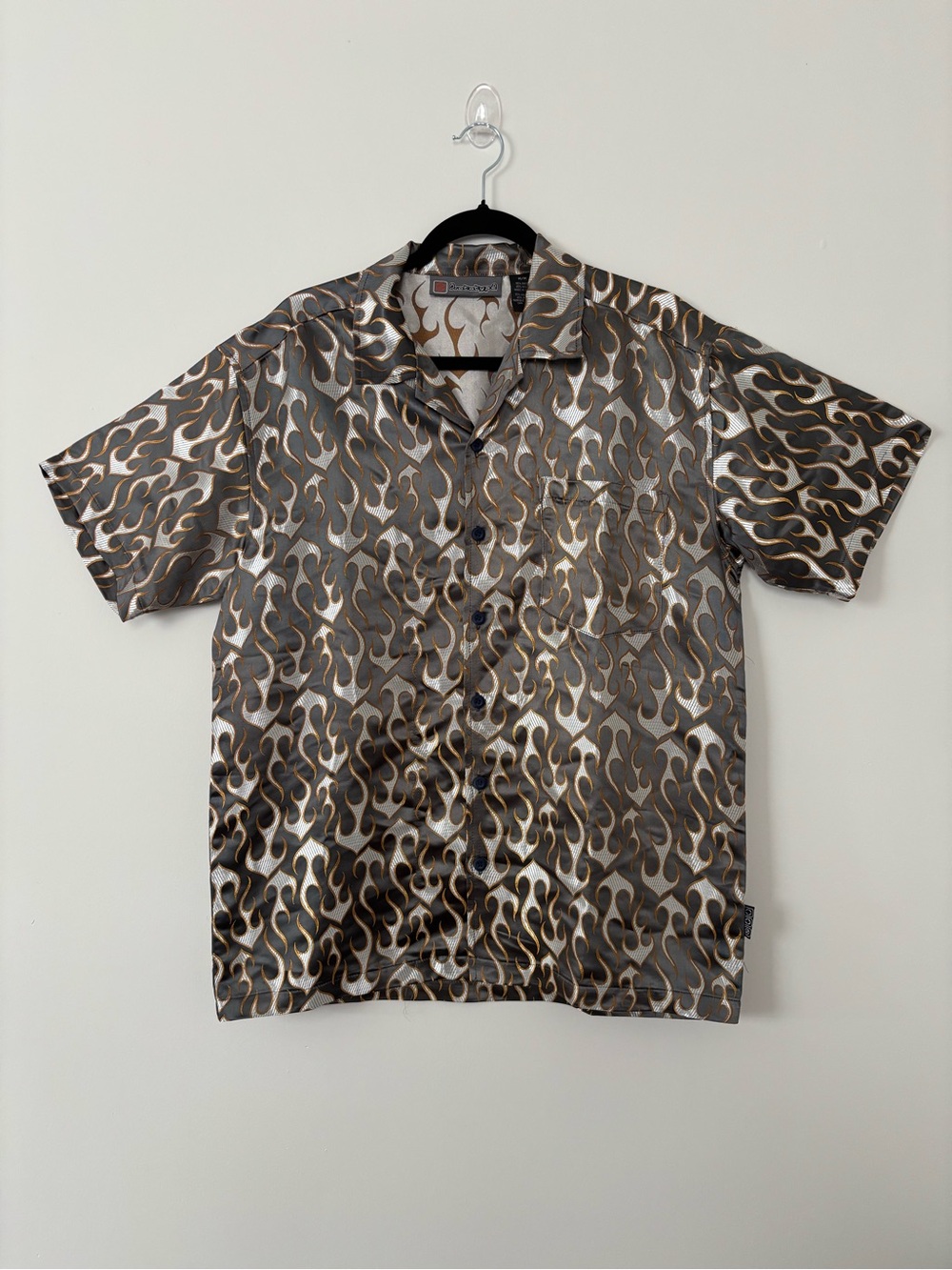 Y2K Prototype Metallic Grey Gold Flame Button Up Shirt Rave Festival EDM Size M